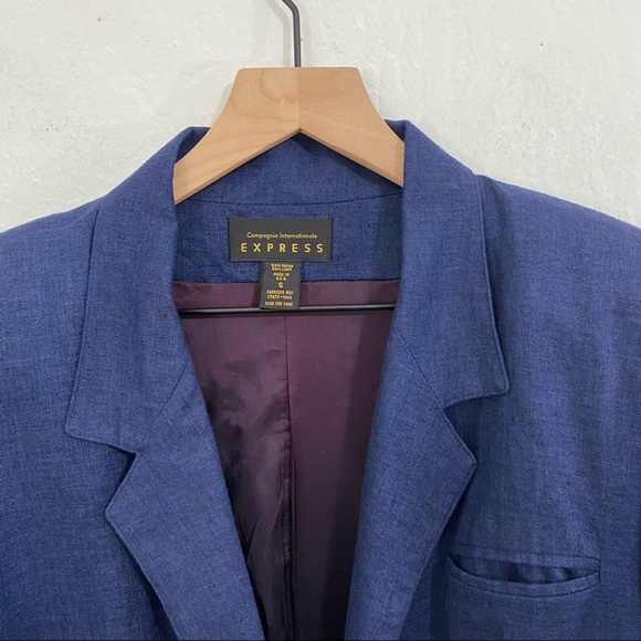 Express Vintage Women’s S Blue One Button V Neck Collaree Blazer Jacket - Picture 5 of 7